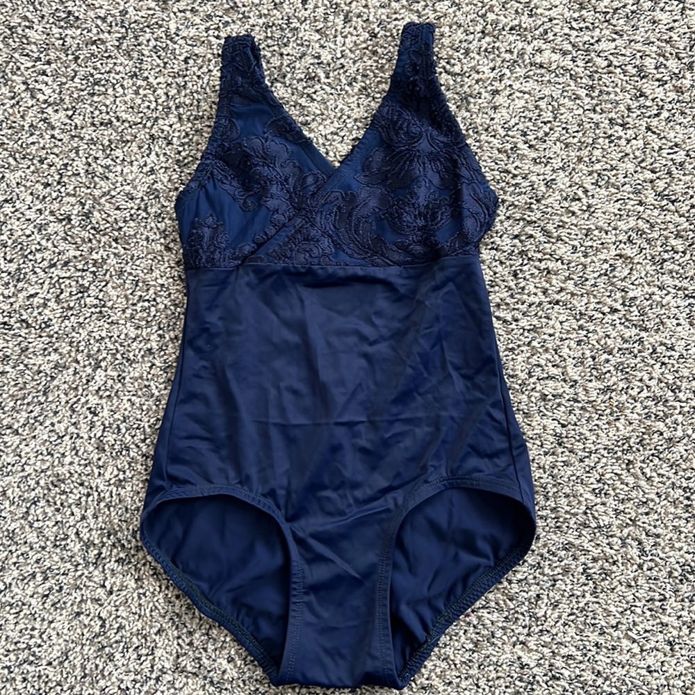 Handmade navy leotard with floral detailed top